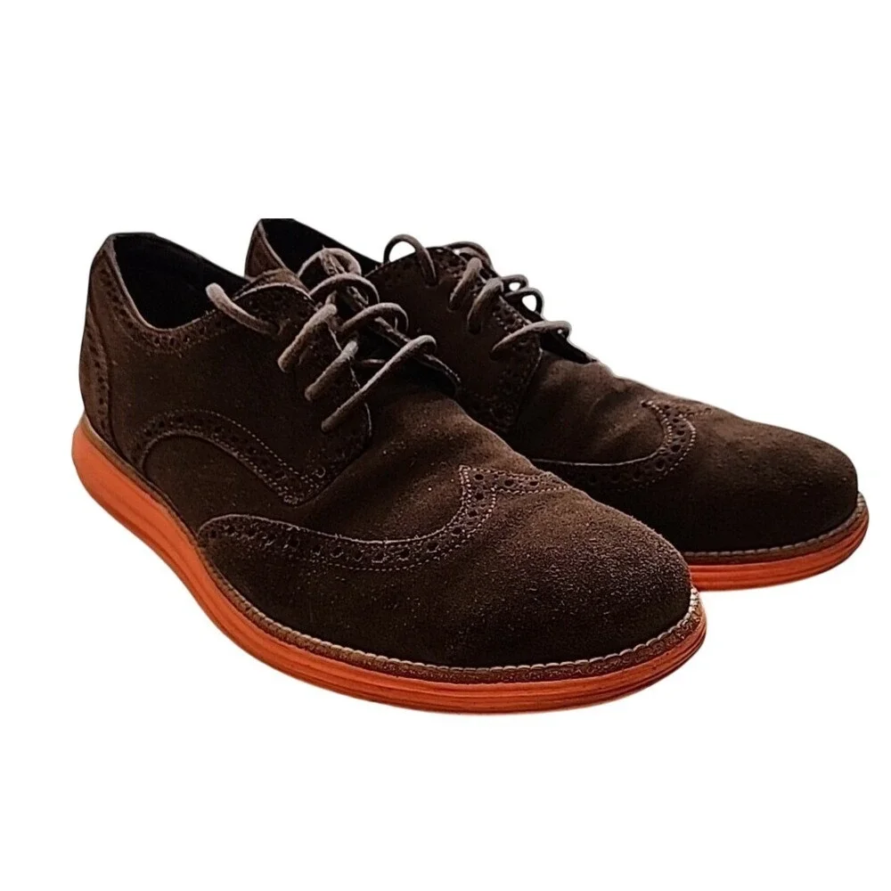 Cole Haan Shoes Mens 11 Lunargrand Wingtip Brown Suede Oxford Brogue Orange Sole